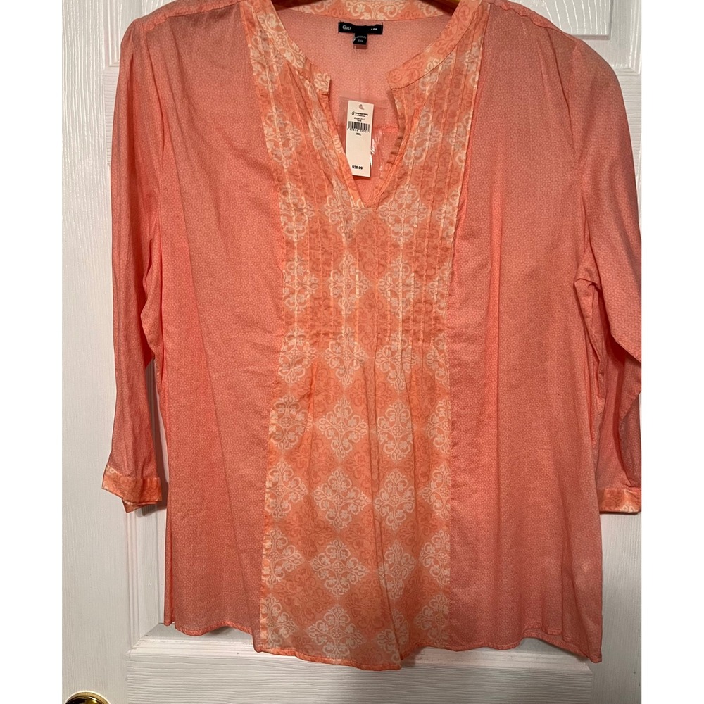 GAP Womens Blouse Coral‎ Floral Print Pintuck V-Neck 3/4 Sleeve XXL NWT